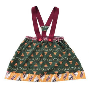 Jelly The Pug Girls size 7 Fall Boho Skirt with suspenders Feather Fall Green